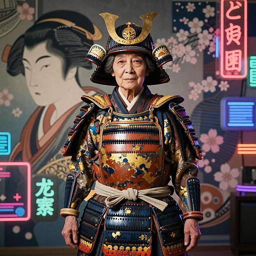 Elderly Samurai in Cyberpunk Ukiyo-e