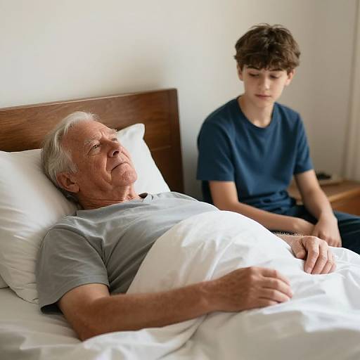 Photograph of elderly white man with gray hair in bed, covered with white blanket, looking up; young white boy with curly brown hair in navy shirt