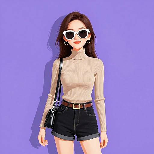 Digital anime-style illustration of a smiling woman with long brown hair, white sunglasses, beige turtleneck, black high-waist shorts, brown belt