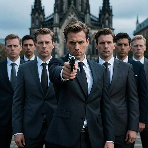 Dramatic Gothic Scene with Men in Suits