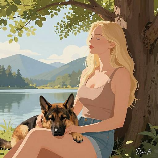 Serene Woman with German Shepherd by Lake
