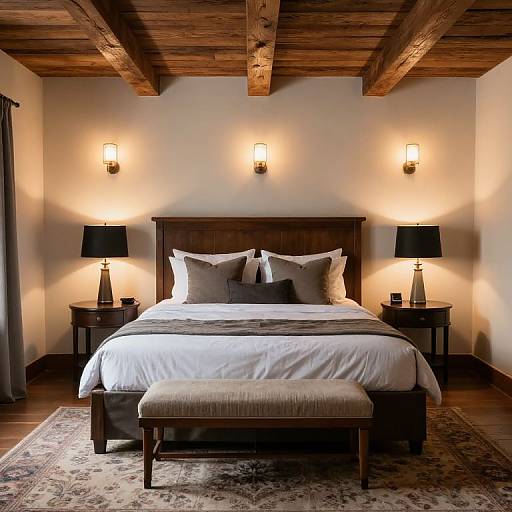 Cozy bedroom photograph with wooden ceiling beams, white bedspread, dark wooden headboard, black lamps, beige bench, and patterned rug.