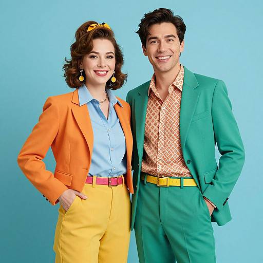 Photograph of a smiling couple in vibrant 1950s-inspired outfits; woman in orange blazer, yellow pants, blue shirt; man in green