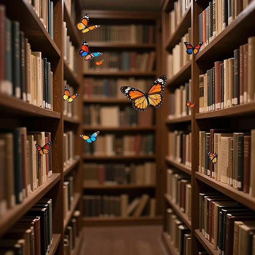 Photograph of a narrow, wooden library aisle with bookshelves on both sides, filled with books, and vibrant orange and blue butterflies flying in the