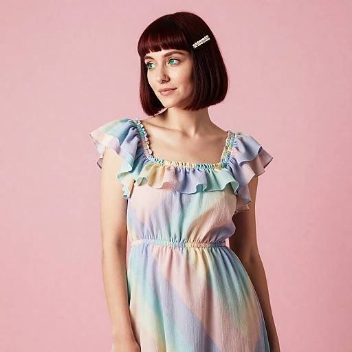 Woman in pastel ruffled dress with pearl hair clip
