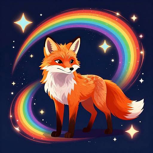 Digital illustration of a vibrant orange fox with white chest and tail, standing under a colorful rainbow and sparkling stars on a dark blue background.