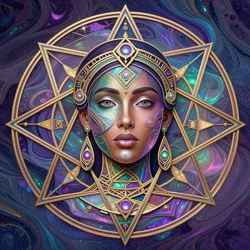 Digital art of a radiant woman with glowing blue and purple accents, wearing an ornate gold star crown, set against a swirling cosmic background.