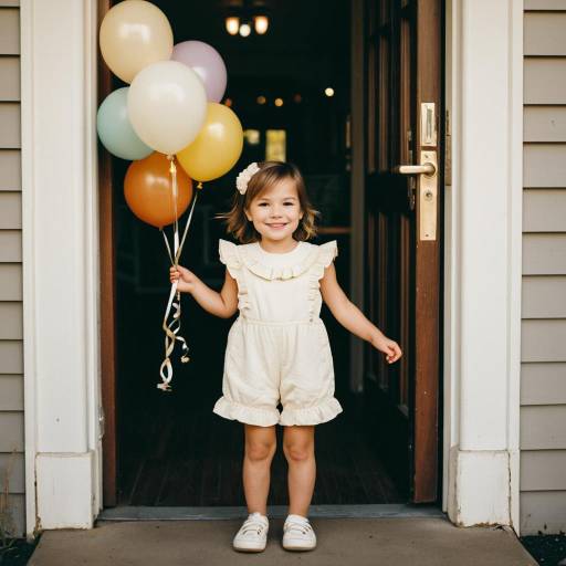 Smiling Toddler Girl with Balloons at Doorway
