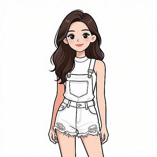 Digital anime-style illustration of a smiling young woman with long brown hair, wearing white overalls and frayed denim shorts, standing against a plain white background