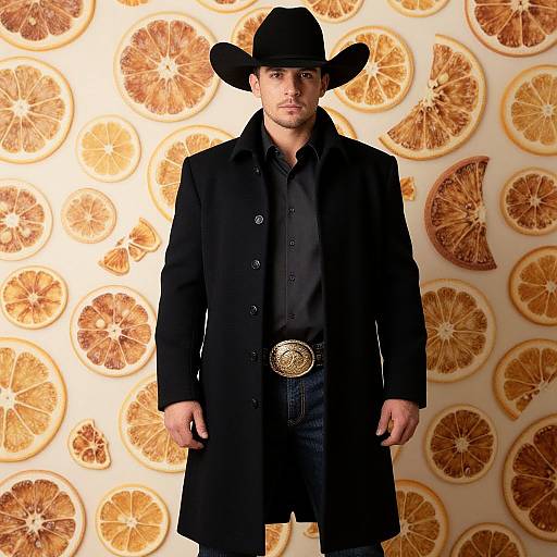 Photograph of a handsome man in a black cowboy hat, black coat, and black shirt, standing against a backdrop of dried orange slices. Bold gold