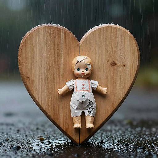 Wooden Heart in Rain