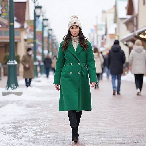 Photograph of a woman in a green coat, white knit hat, black pants, and brown boots walking down a snowy, cobblestone street with
