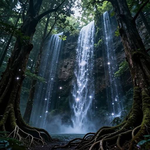 Photorealistic digital art of a mystical forest waterfall, with cascading blue water, glowing star-like lights, and dense, moss-covered trees.