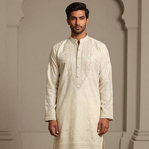 Photograph of a handsome South Asian man with dark hair and beard, wearing a white, embroidered traditional long kurta, standing in a plain, orn