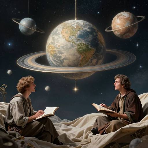Photograph-style illustration of two men in robes, seated on clouds, writing on books, with planets and Earth in space background.