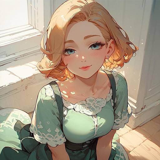 Blushing Girl in Green Sundress Close-Up