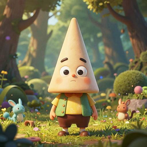 CGI image of a sad, anthropomorphic ice cream cone character in a colorful, whimsical forest, wearing a yellow shirt and green vest, surrounded