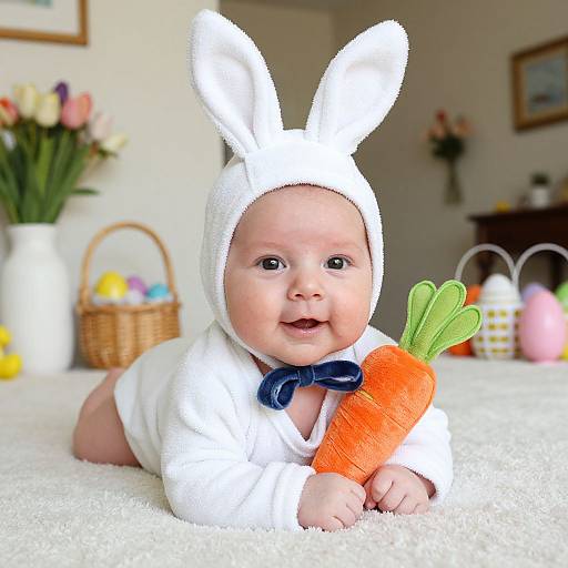 Photograph of a smiling baby in a white bunny costume, holding a plush carrot, lying on a carpeted floor with Easter decorations in the blurred background