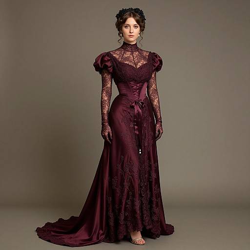 Photograph of a woman in an elegant, dark purple Victorian-style gown with lace sleeves, high neckline, and floral patterns, standing against a gray background