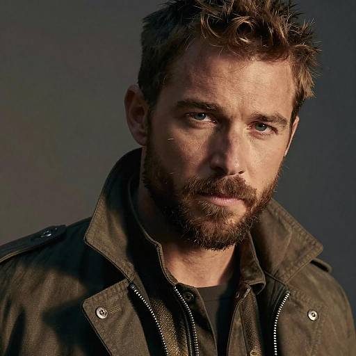 Photograph of a bearded, brown-haired man with intense eyes, wearing a dark jacket and black shirt, against a dark gradient background.