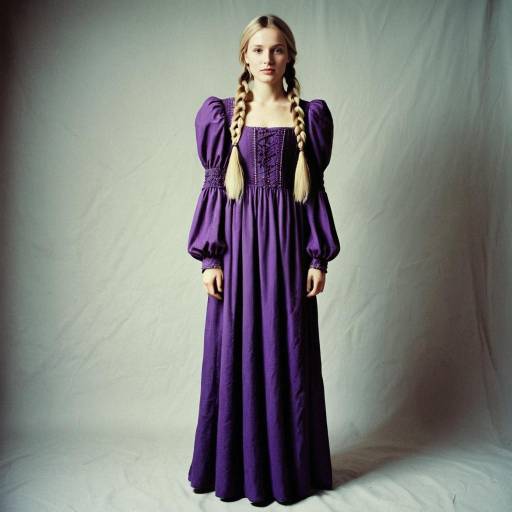 Blonde Woman in Purple Long Dress with Twin Braids