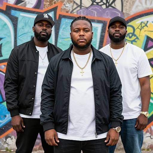 Photograph of three African-American men with beards, wearing black and white outfits, gold chains, and caps, standing before colorful graffiti.