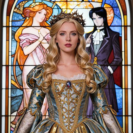 Photograph of a blonde woman in an ornate, blue and gold Renaissance-style dress with a crown, standing in front of a colorful stained glass window