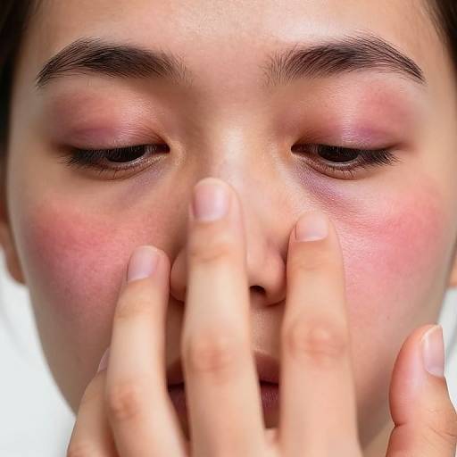 Close-up photograph of a young woman with pink eyeshadow, rosy cheeks, and dark eyebrows, covering her nose with her fingers, showing short