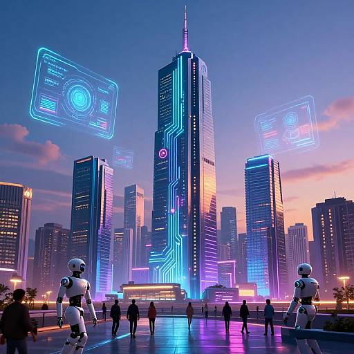 Neon-lit futuristic cityscape with glowing skyscrapers, floating holographic screens, and two humanoid robots in white suits observing a crowd.
