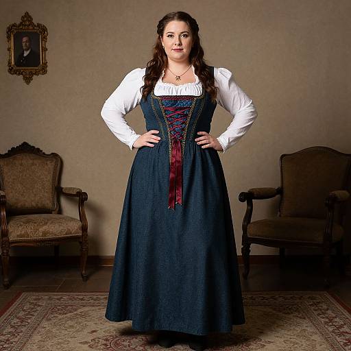 Photograph of a curvy woman with long brown hair, wearing a white blouse and blue Victorian-style dress with red ribbon, standing in a vintage room