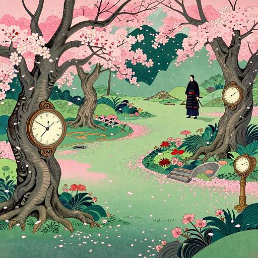 Digital illustration of a serene cherry blossom garden with three clock-faced trees, pink petals, a lone figure in black, and vibrant flowers.