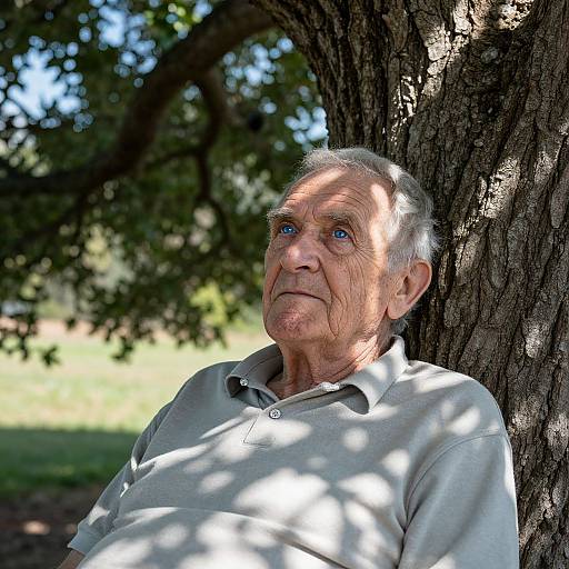 Photograph of an elderly man with gray hair, blue eyes, and wrinkles, wearing a light gray polo shirt, leaning against a tree with dapp