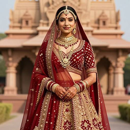 Indian bride in red and gold traditional attire with intricate embroidery, standing in front of a sandstone temple, photograph.