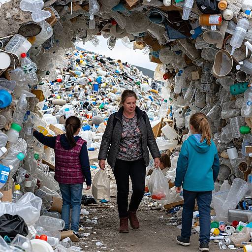 Photograph of three people walking through a tunnel filled with overflowing plastic bottles and trash, leading to a larger garbage dump. Woman in center holds bags,