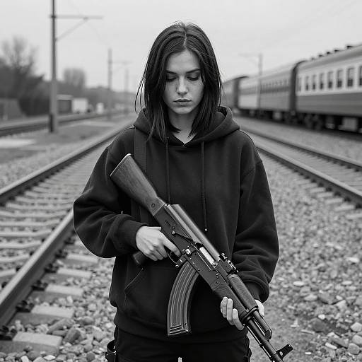 Moody Portrait of Reflective Woman with Gun