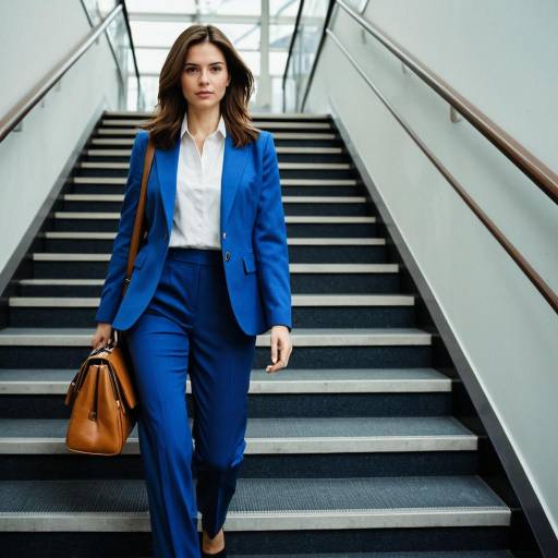 Businesswoman walking down stairs in blue suit
