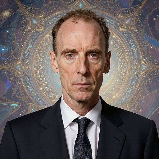 Photograph of a middle-aged white man with thinning brown hair, blue eyes, wearing a black suit, white shirt, and black tie, against