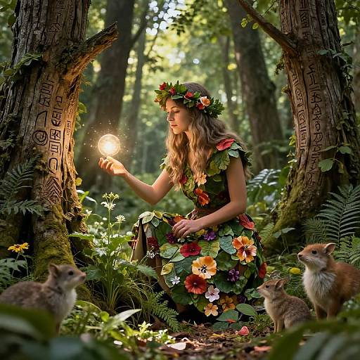 Photograph of a fairy-like woman in a flower-covered dress, holding a glowing light bulb, surrounded by forest trees and three squirrels.