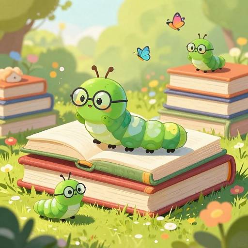 Digital illustration of three cute green caterpillars with glasses, sitting on stacked books in a sunny, colorful garden. Butterflies hover nearby.