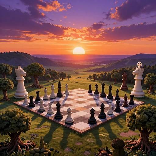 Digital artwork of a giant chessboard set in a lush, hillside valley at sunset, with oversized white and black pieces, surrounded by trees, and
