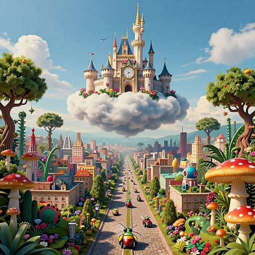 Whimsical digital illustration of a colorful, fantasy city with a floating castle on a bright blue sky, surrounded by vibrant flowers, oversized mushrooms, and