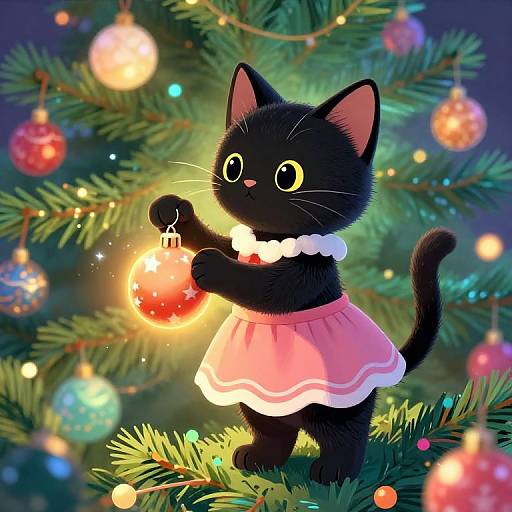 Adorable black kitten with large yellow eyes, wearing a pink dress and white collar, hanging a glowing red ornament on a brightly lit Christmas tree. Digital