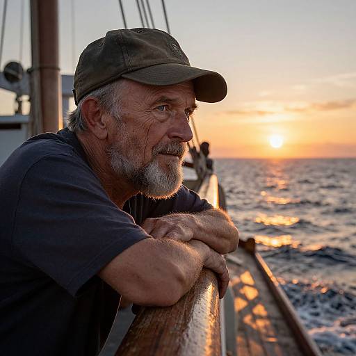 Photograph of an older man with a gray beard, wearing a brown cap and dark shirt, leaning on a boat railing at sunset over a calm ocean