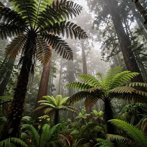 Photograph of a misty redwood forest with tall, towering trees and vibrant, green ferns in the foreground, sunlight filtering through dense foliage.