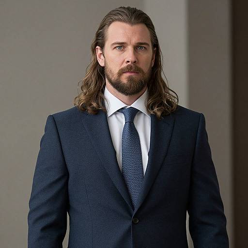 Photograph of a serious, long-haired, bearded man in a dark blue suit, white shirt, and patterned tie, standing against a plain