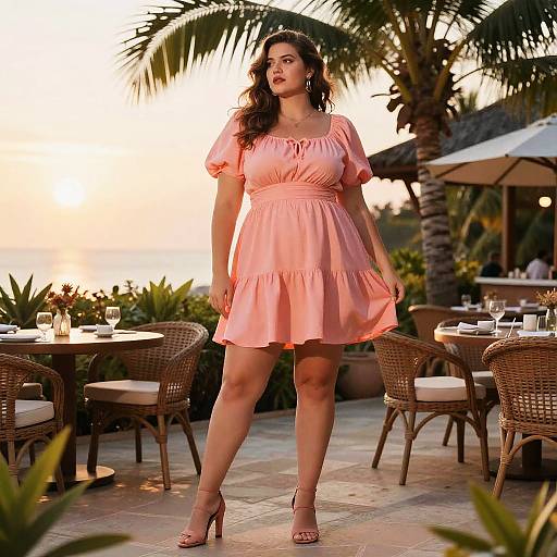 Elegant Woman in Coral Pink Dress at Tropical Restaurant