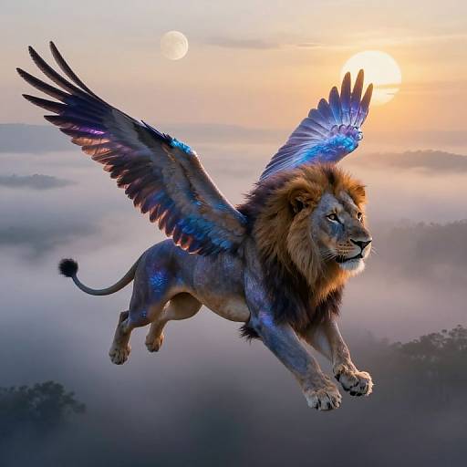 Ethereal Winged Lion in Surreal Landscape