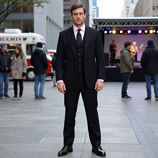 Photograph of a handsome man in a black pinstripe suit, white shirt, and black tie, standing confidently in an urban outdoor event with blurred