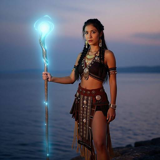 Photograph of a young woman with dark hair, wearing tribal attire and holding a glowing staff, standing by a twilight ocean.