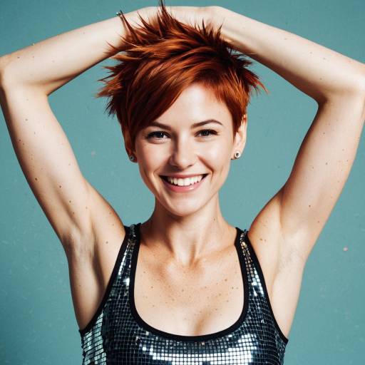 Smiling Woman with Short Spiky Auburn Hair in Disco Outfit